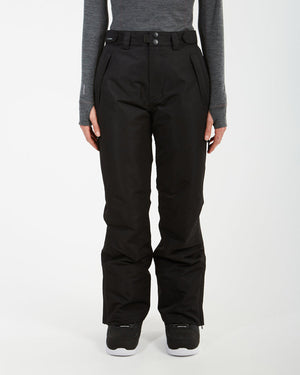 Front view of the black XTM Smooch women's ski pants with snap waist and side pockets