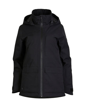 Black XTM Elevation II women's ski jacket on its own, front view with high collar and hood