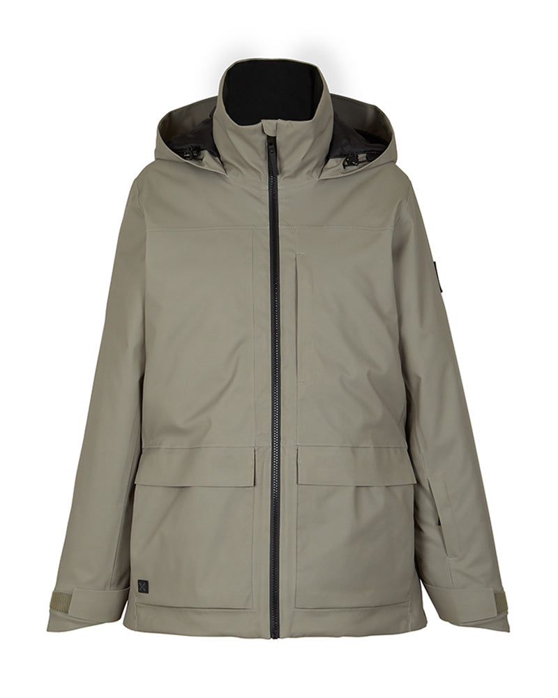 Light Khaki XTM Elevation II women's ski jacket on its own, front view with cargo-style pockets