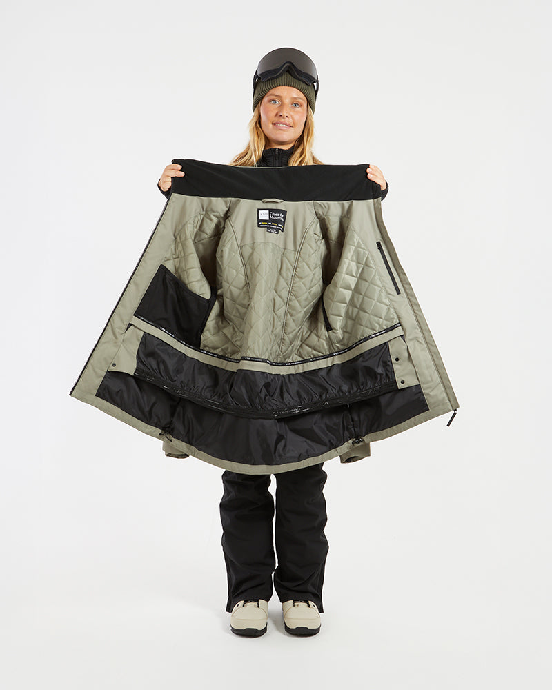 Light Khaki XTM Elevation II held open, showing quilted khaki lining, inner pocket and powder skirt