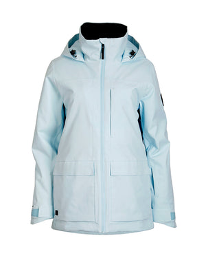 Sky Blue XTM Elevation II women's ski jacket on its own, front view with hood and cuff tabs