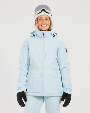 XTM Elevation II women's ski jacket in Sky Blue worn with matching pants, front view