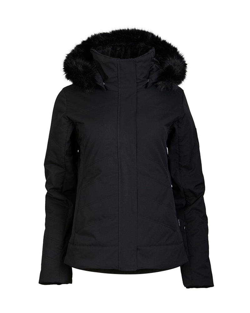 Black XTM Solace women's ski jacket on its own, front view with faux fur hood
