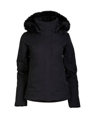 Black XTM Solace women's ski jacket on its own, front view with faux fur hood