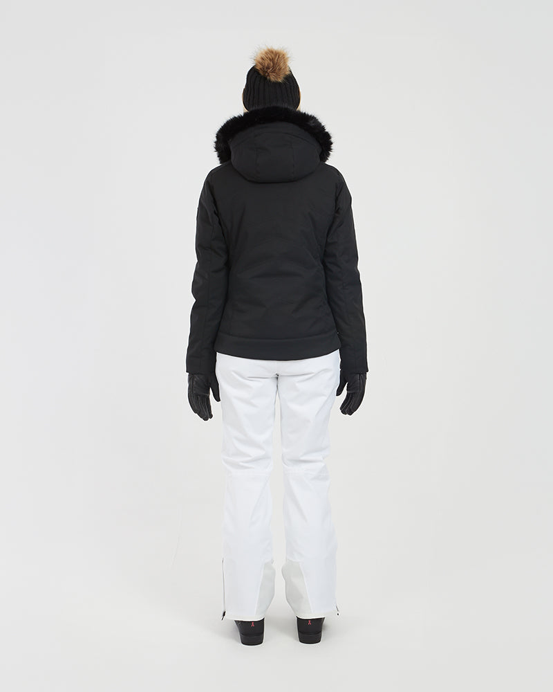 Back view of the black XTM Solace women's ski jacket with fur-trimmed hood down