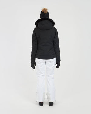Back view of the black XTM Solace women's ski jacket with fur-trimmed hood down