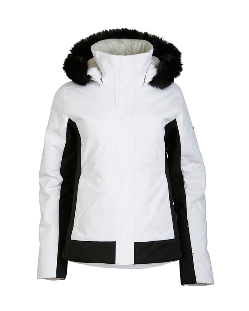 White XTM Solace women's ski jacket on its own, front view with black panels and fur hood
