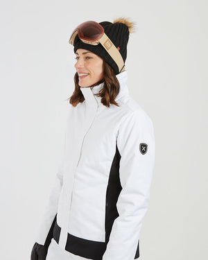 Close-up side view of the white XTM Solace collar and black sleeve badge
