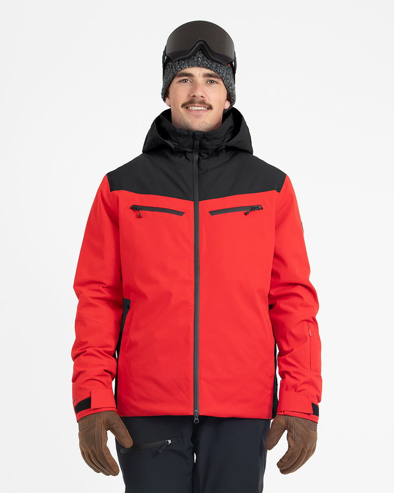 XTM Quantum men's snow jacket in Crimson Red with black shoulders, front view