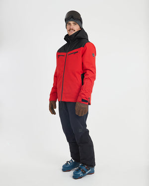 Three-quarter view of the Crimson Red XTM Quantum snow jacket with the collar zipped up