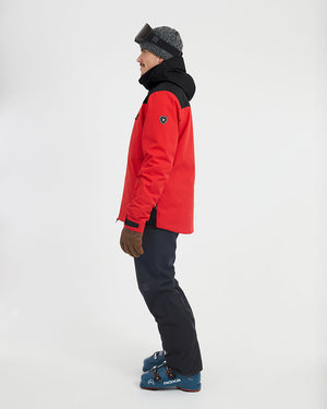 Side profile of the Crimson Red XTM Quantum snow jacket and its black hood