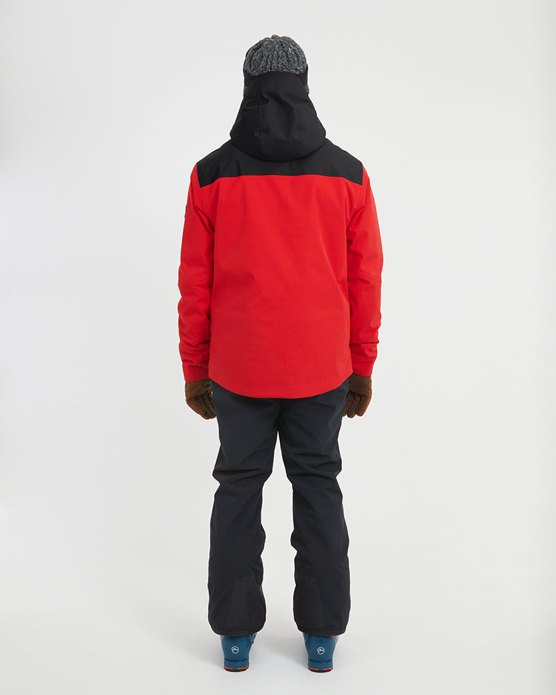 Back view of the Crimson Red XTM Quantum snow jacket with black yoke and hood