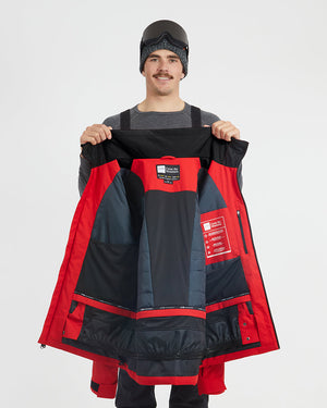 Crimson Red XTM Quantum jacket held open to show the insulated lining and powder skirt