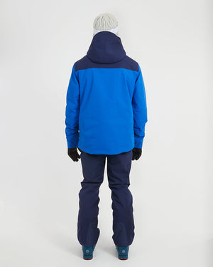 Back view of the Marine Blue XTM Quantum snow jacket with the navy hood down