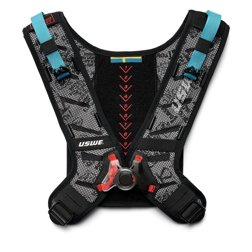 USWE NDM 2.1 replacement harness laid flat, grey mesh shoulder straps, numbered 1-10 settings and NDM buckle
