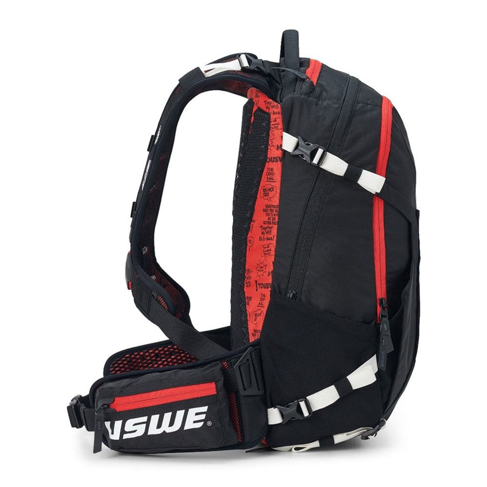 USWE Flow 25L protector pack side profile in black and red, white compression straps and USWE waist belt