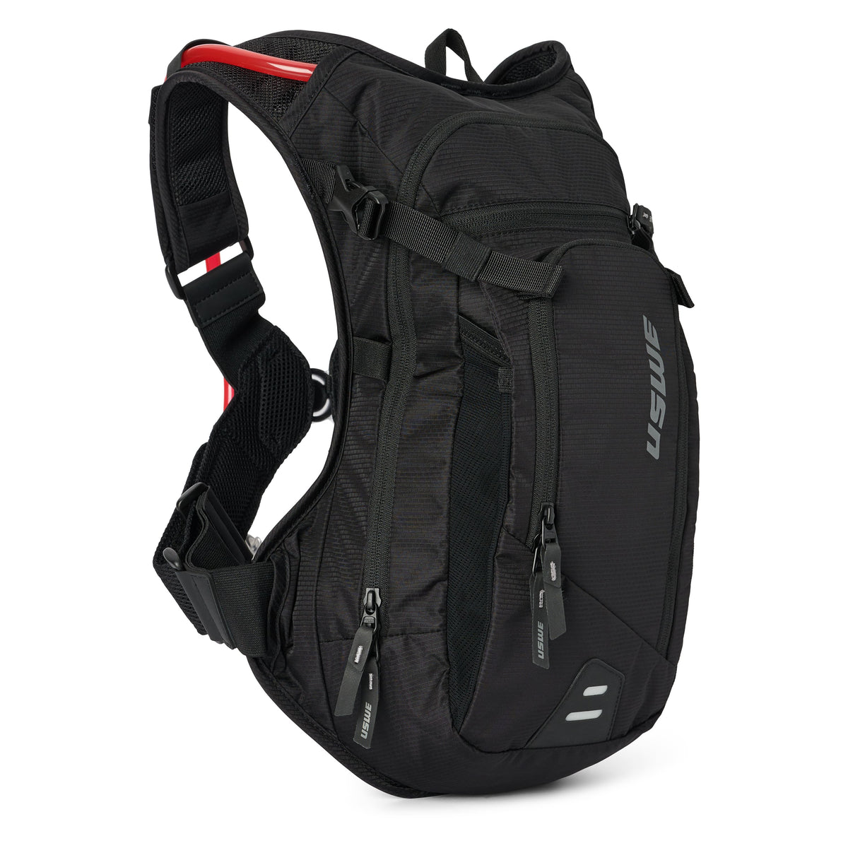USWE MTB Hydro 9L in black, a taller body with zipped front pockets and red drink tube