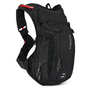 USWE MTB Hydro 9L in black, a taller body with zipped front pockets and red drink tube