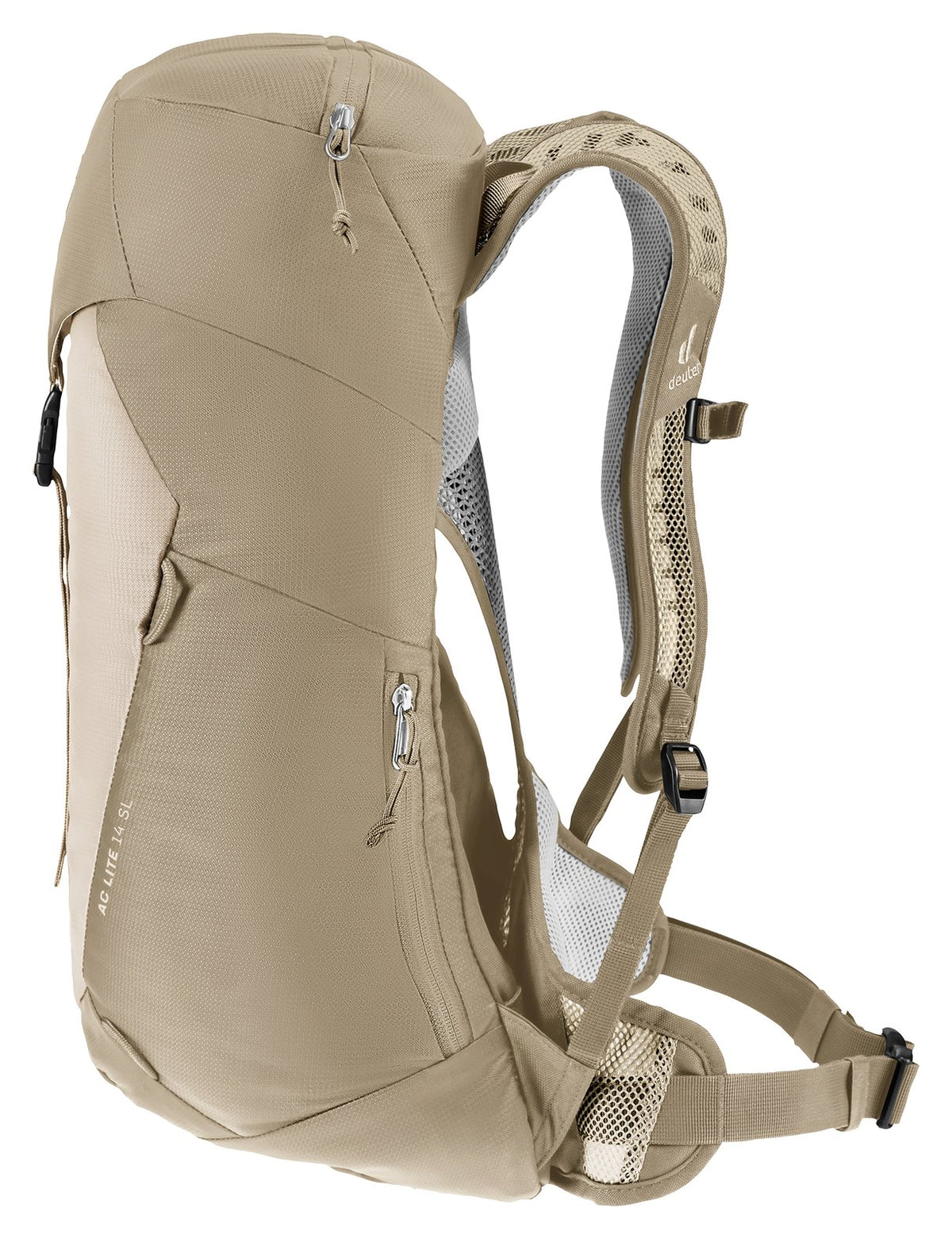 Deuter AC Lite 14 SL in Alu Greystone, front three-quarter view of the lid and side pocket