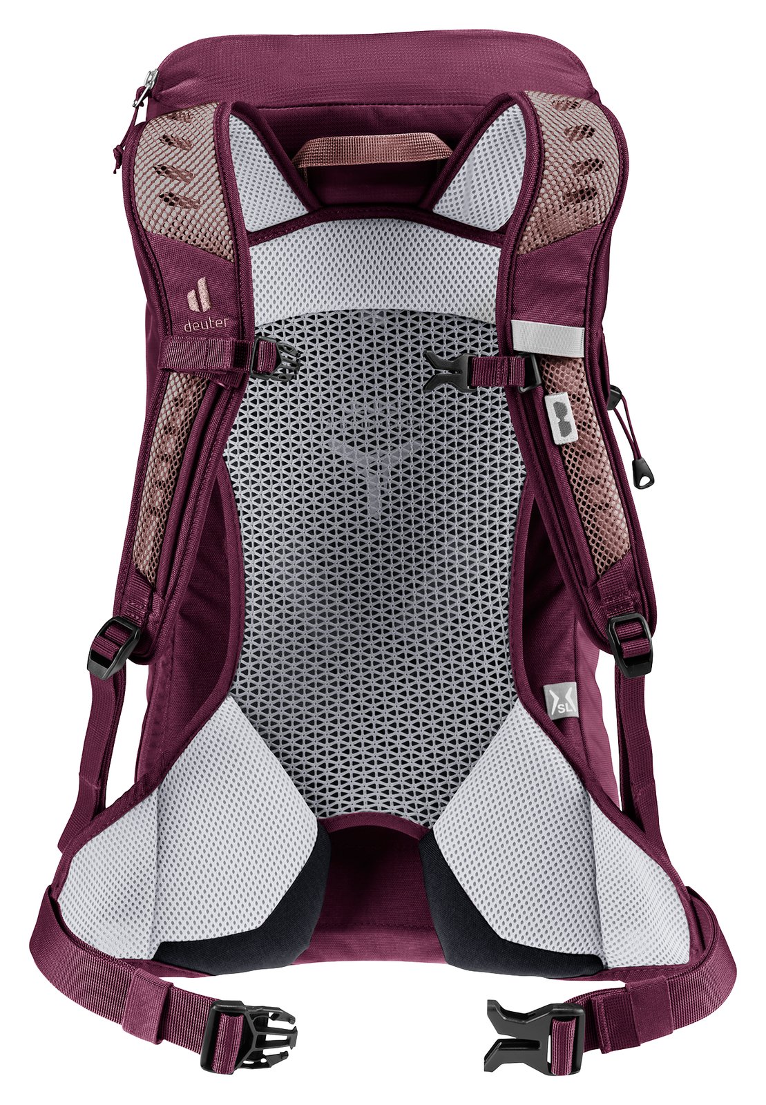 Back of the Deuter AC Lite 14 SL in Ashrose Cassis showing the tensioned mesh and sternum strap