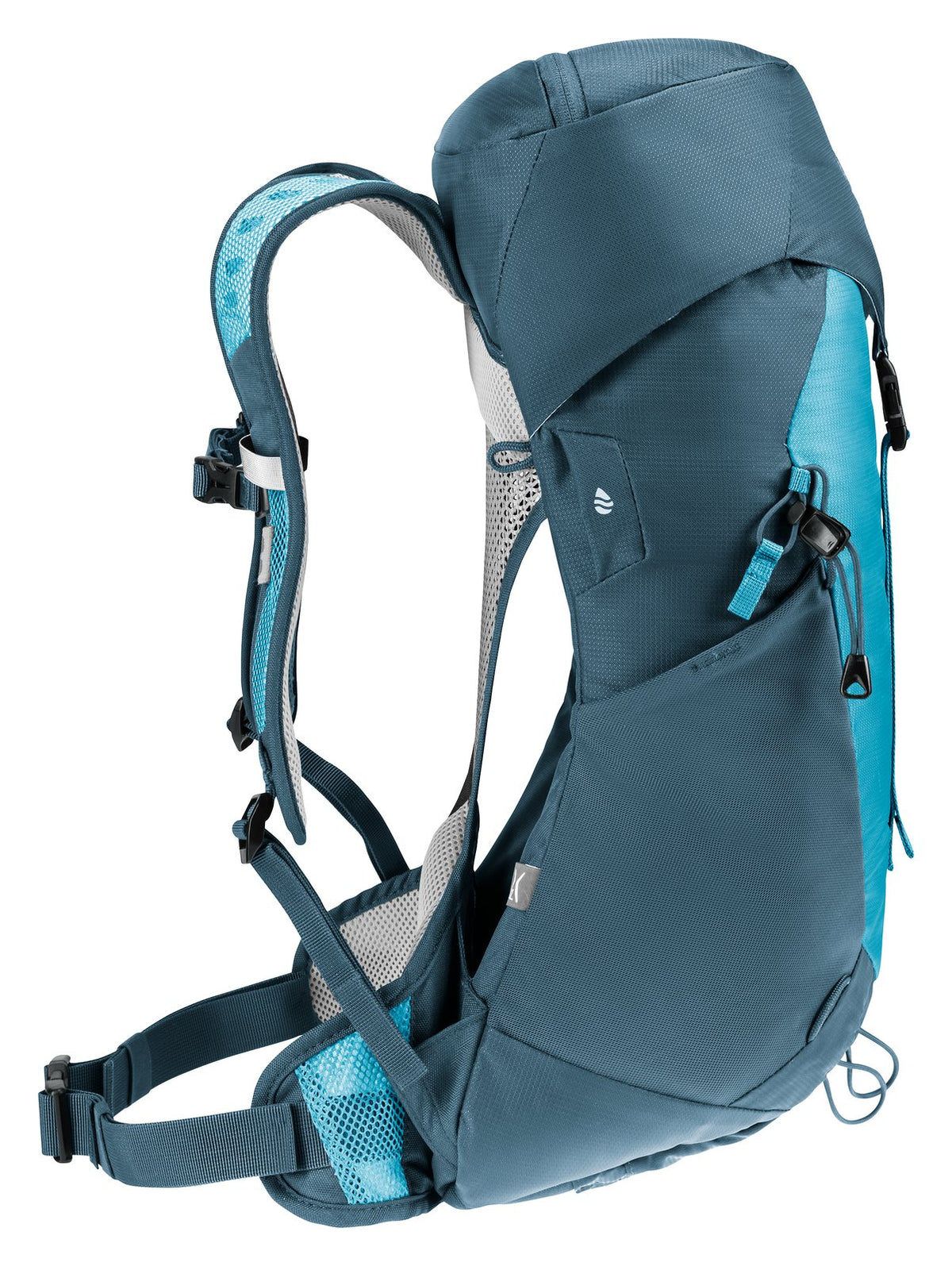 Deuter AC Lite 14 SL in Lagoon Atlantic, side profile of the curved spring steel frame