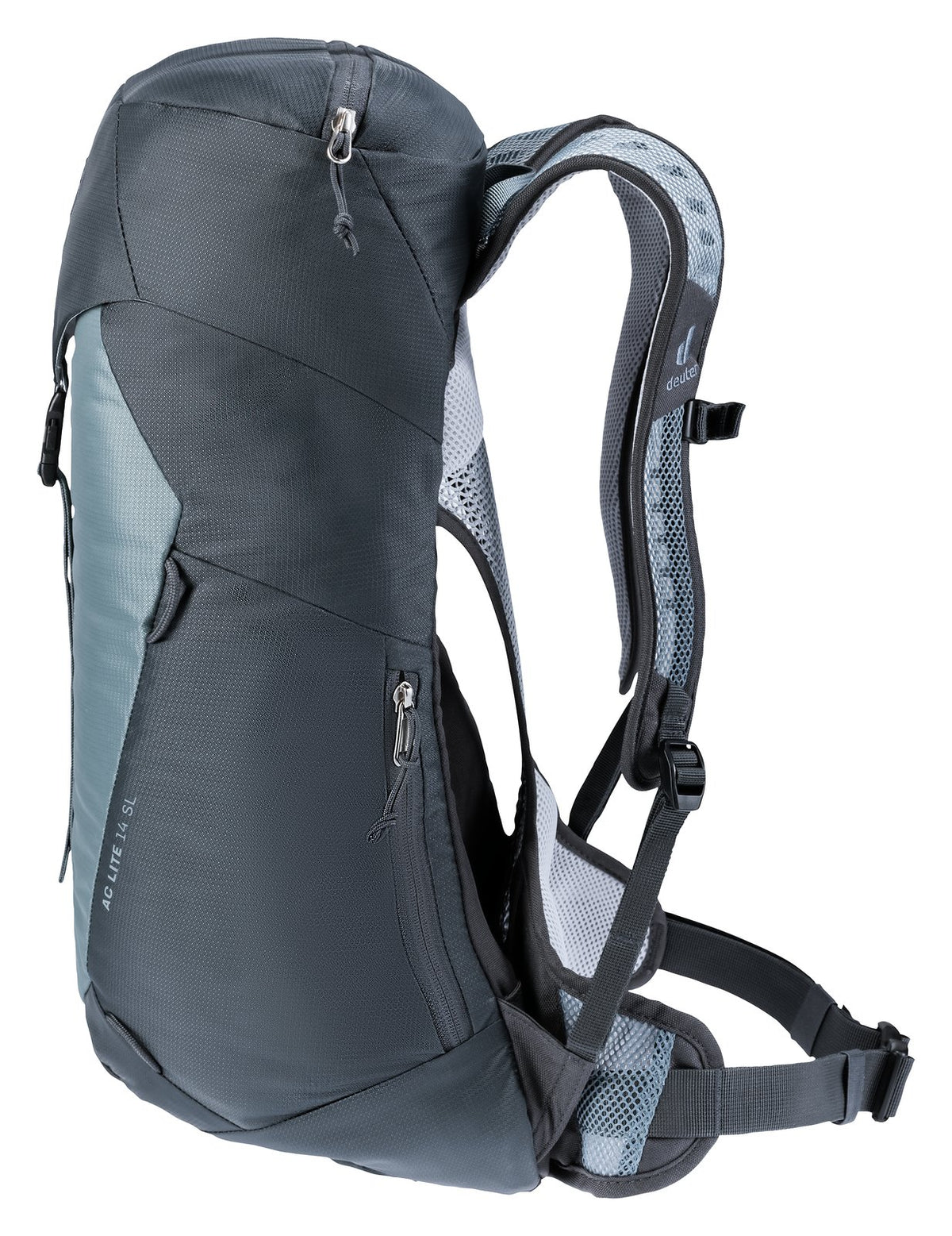 Deuter AC Lite 14 SL in Shale Graphite, front three-quarter view with side zip pocket