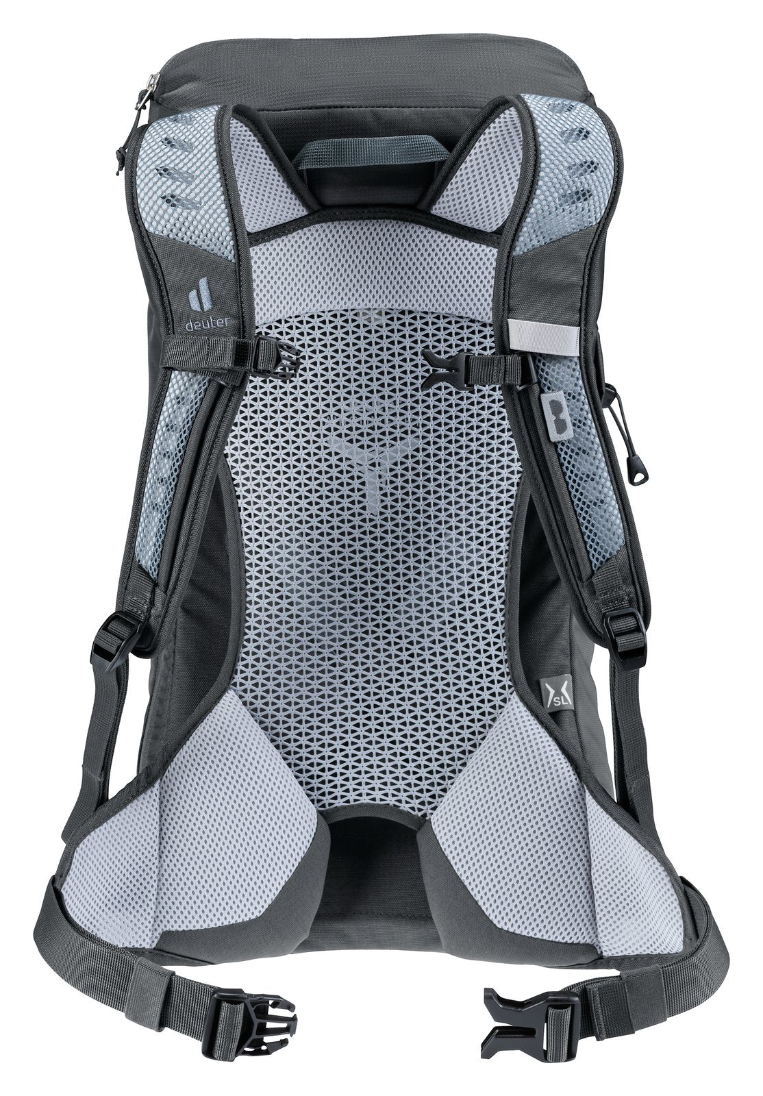 Back of the Deuter AC Lite 14 SL in Shale Graphite showing the Aircomfort mesh panel and hip fins