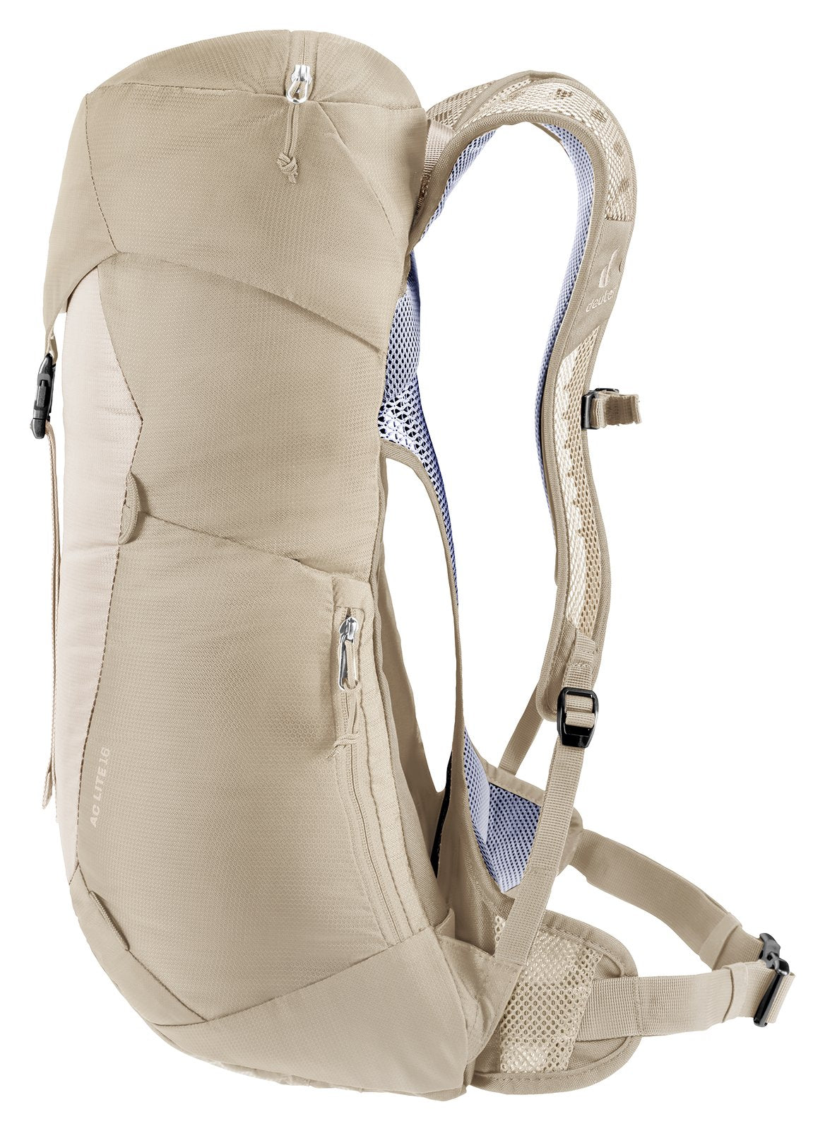 Deuter AC Lite 16 in Alu Greystone, front three-quarter view of the slim pack body