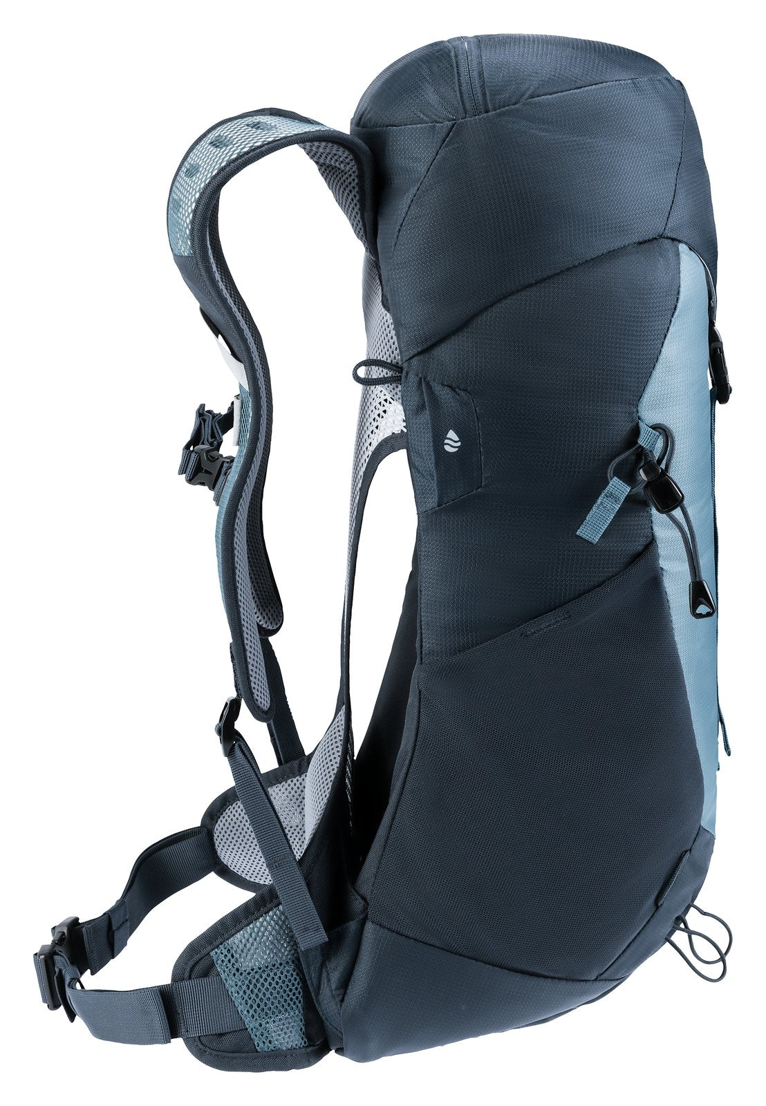 Deuter AC Lite 16 in Atlantic Ink, side profile with mesh side pocket and spring steel frame arc