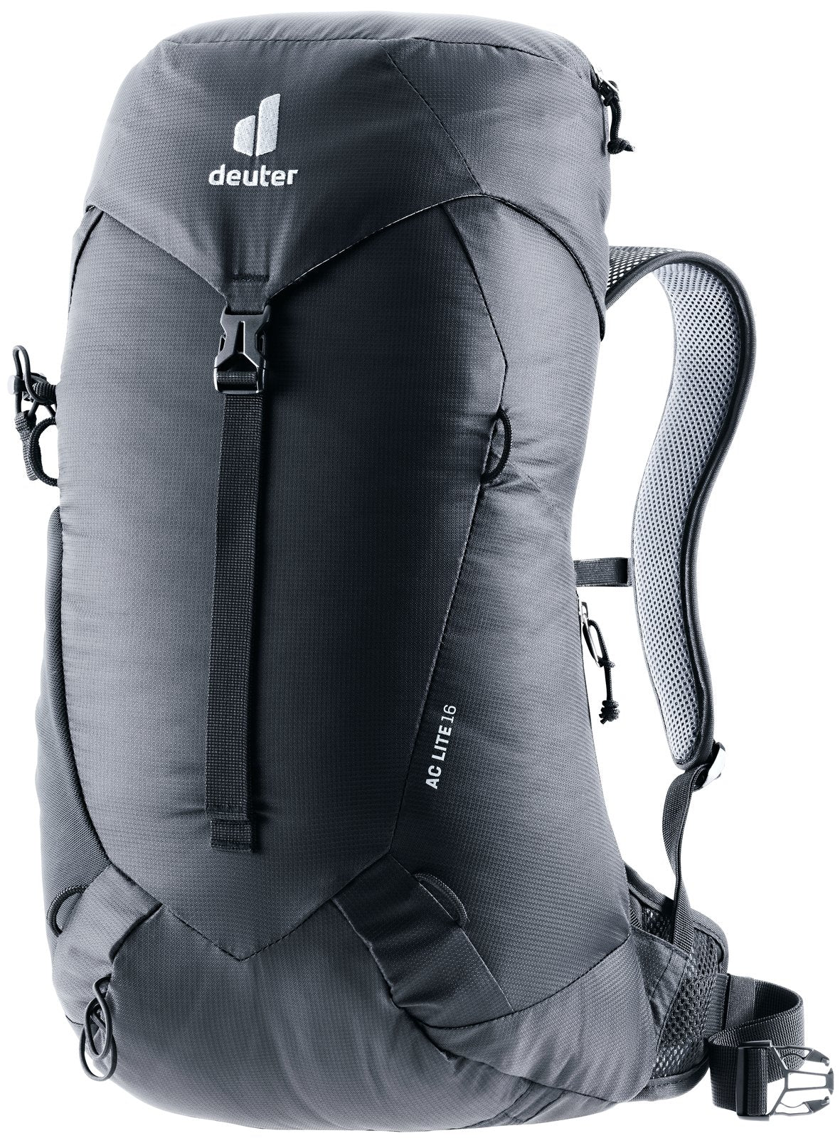 Deuter AC Lite 16 hiking daypack in Black, front view with lid and centre compression strap