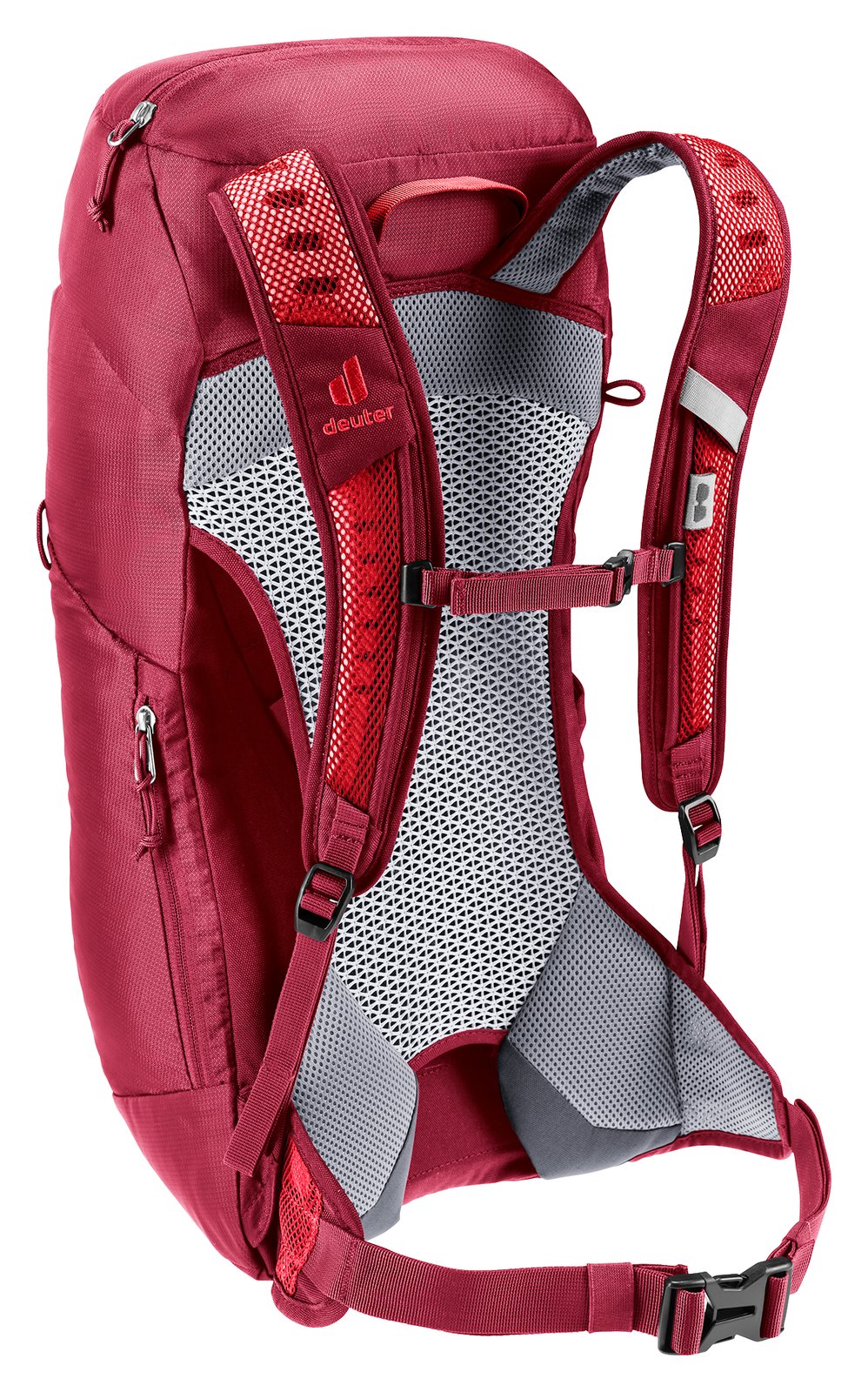 Deuter AC Lite 16 in Cherry Masala, rear three-quarter view of padded shoulder straps