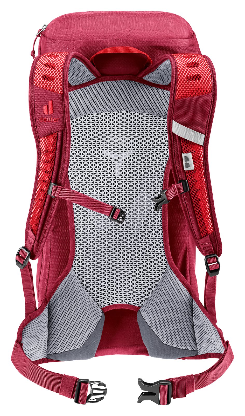 Deuter AC Lite 16 in Cherry Masala from behind, mesh back panel and red shoulder straps