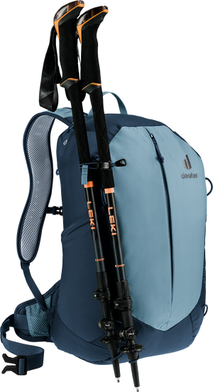 Deuter AC Lite 17 in Atlantic Ink carrying trekking poles (not included) on the front