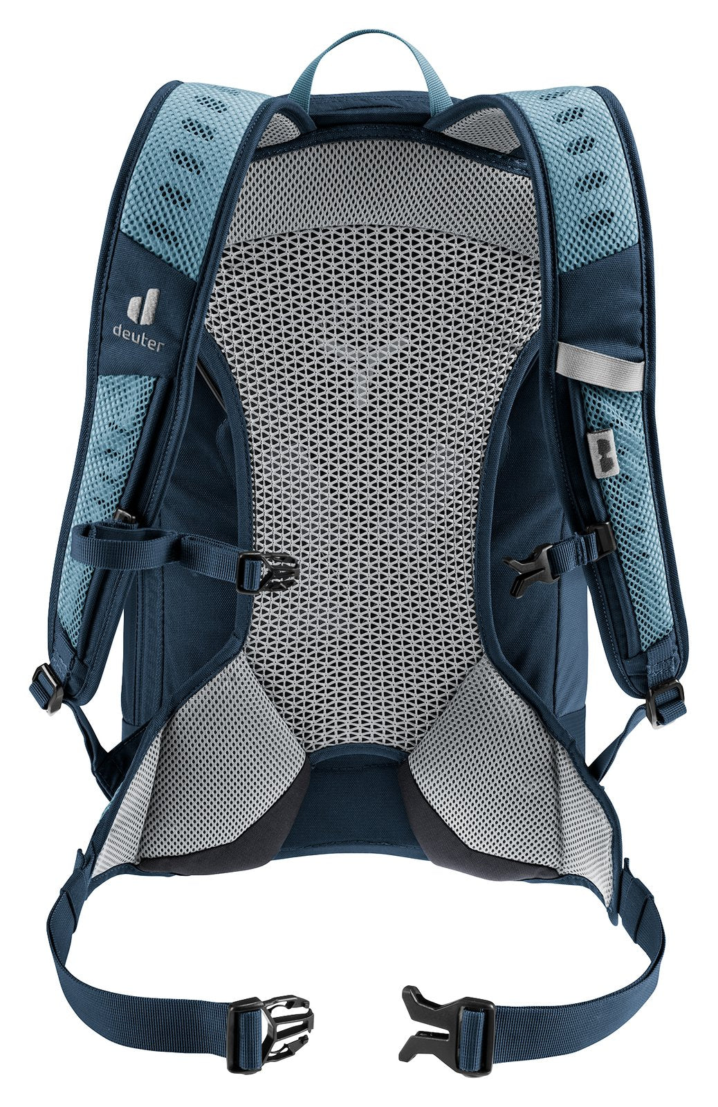 Back of the Deuter AC Lite 17 in Atlantic Ink with blue mesh shoulder straps