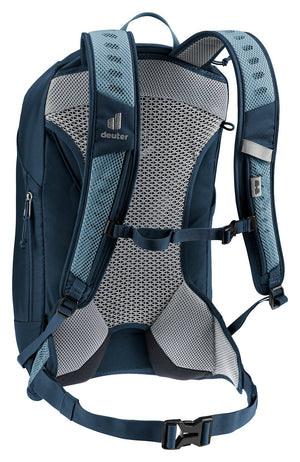Deuter AC Lite 17 in Atlantic Ink, rear three-quarter view of the shoulder straps and mesh back