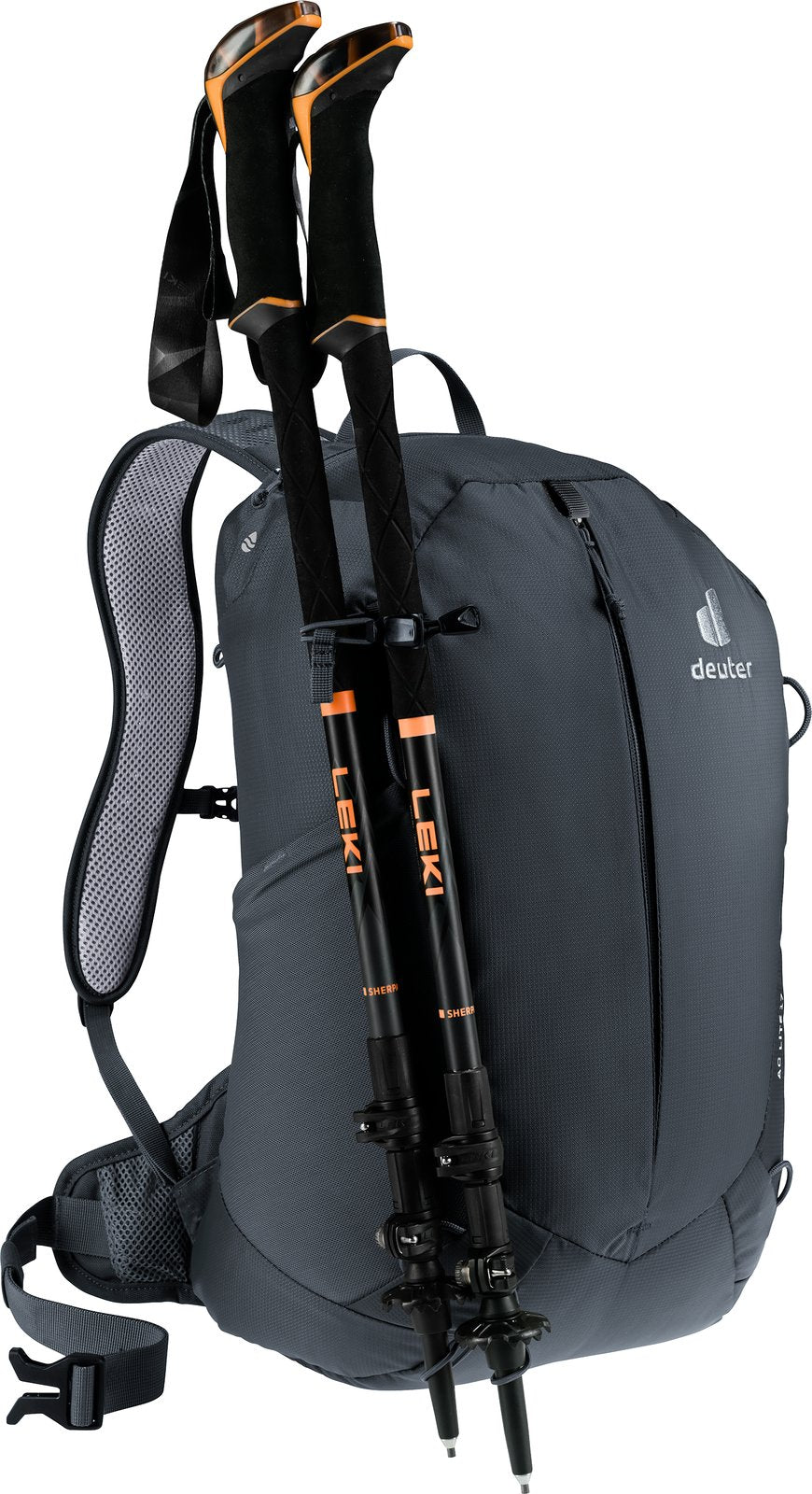 Deuter AC Lite 17 in Black with trekking poles (not included) on the pole attachment