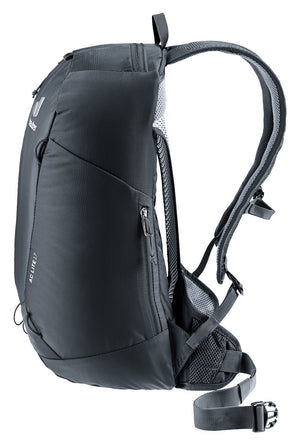 Deuter AC Lite 17 in Black, side view showing the side zip pocket and mesh bottle pocket