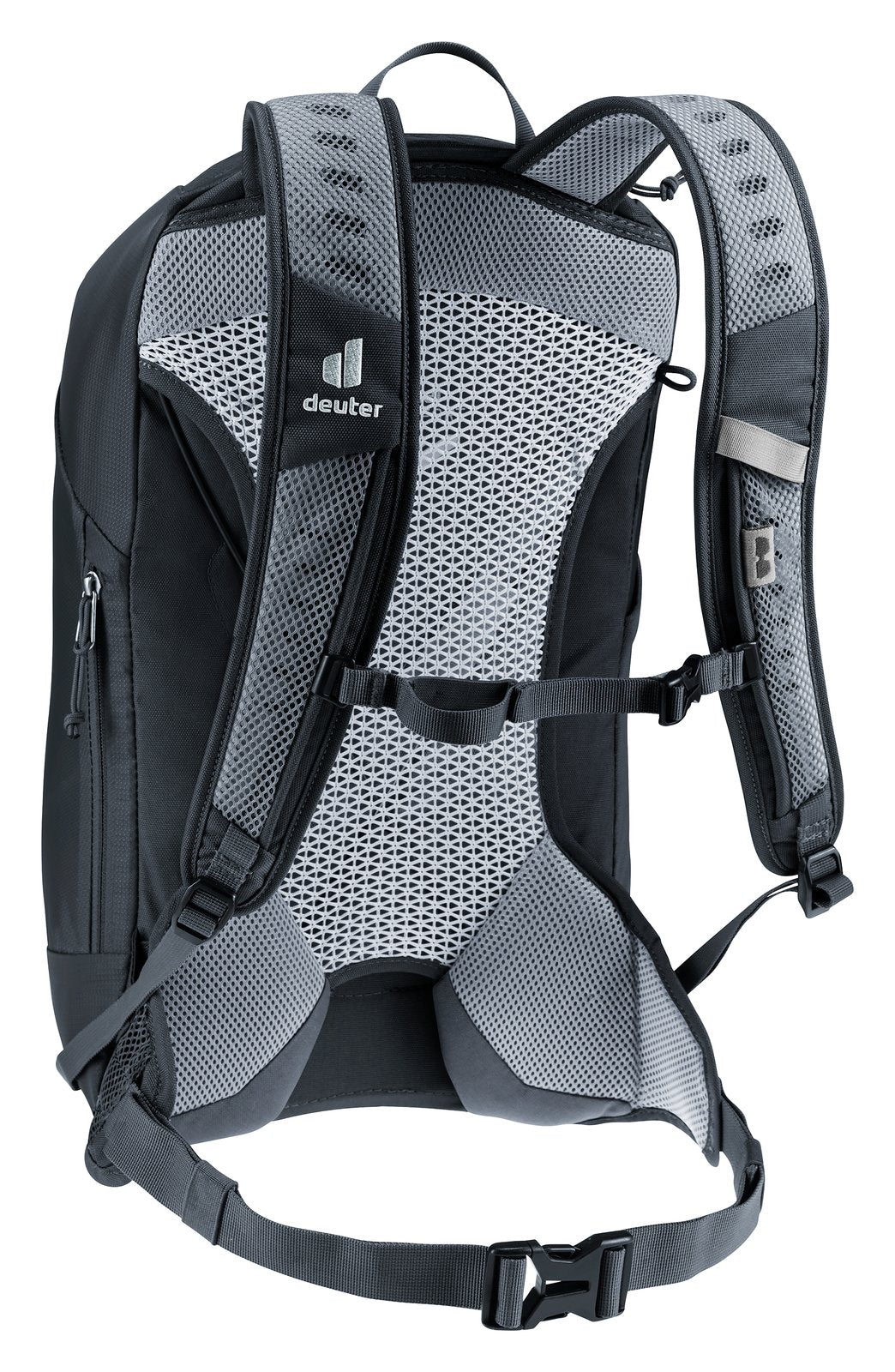 Deuter AC Lite 17 in Black, rear three-quarter view of the harness and sternum strap