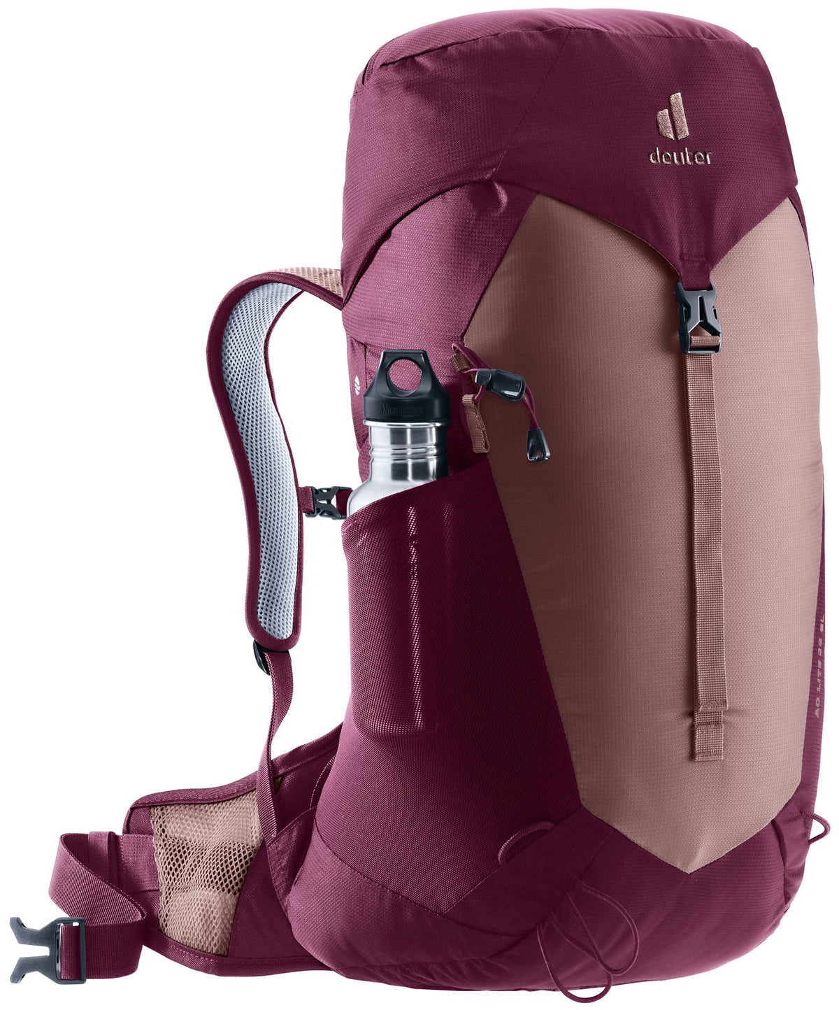 Deuter AC Lite 22 SL in Ashrose Cassis, front three-quarter view with bottle in side pocket