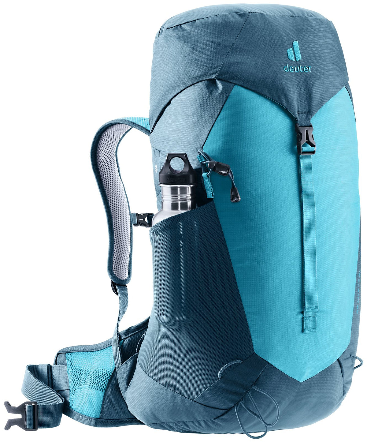 Deuter AC Lite 22 SL in Lagoon Atlantic, front three-quarter view with bottle in side pocket