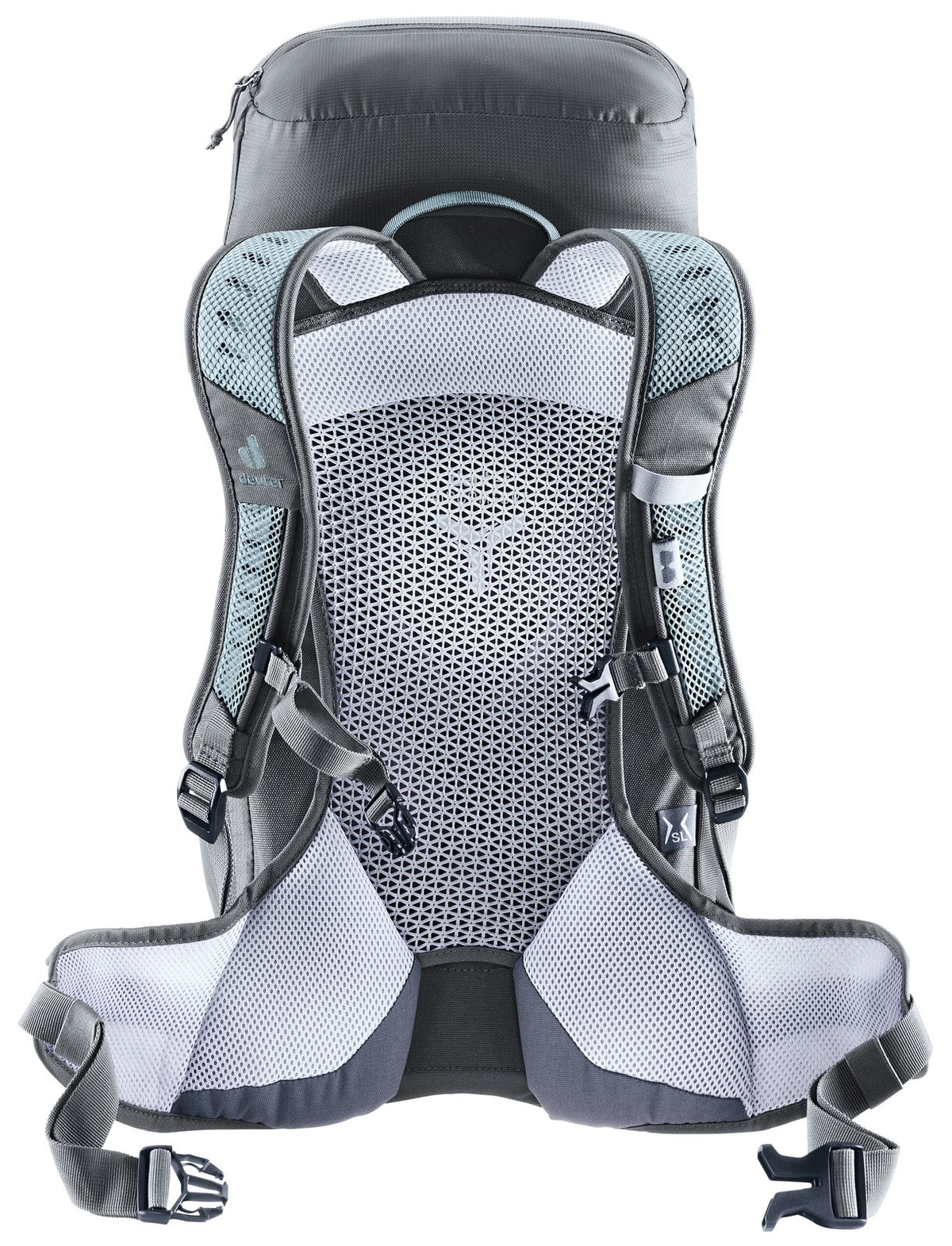 Back of the Deuter AC Lite 22 SL in Shale Graphite showing the Aircomfort mesh panel and hip fins