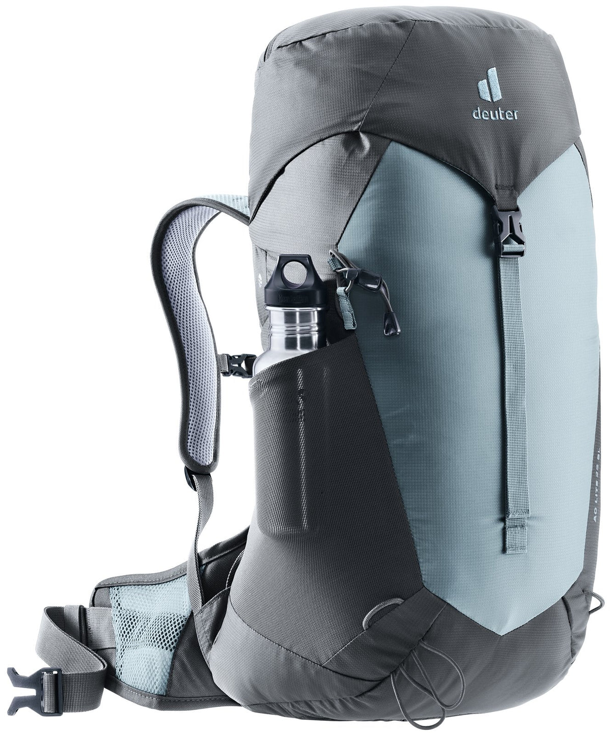 Deuter AC Lite 22 SL in Shale Graphite with a drink bottle in the mesh side pocket