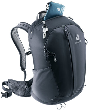 Deuter AC Lite 23 with a wallet in the zipped top pocket and keys on the key clip