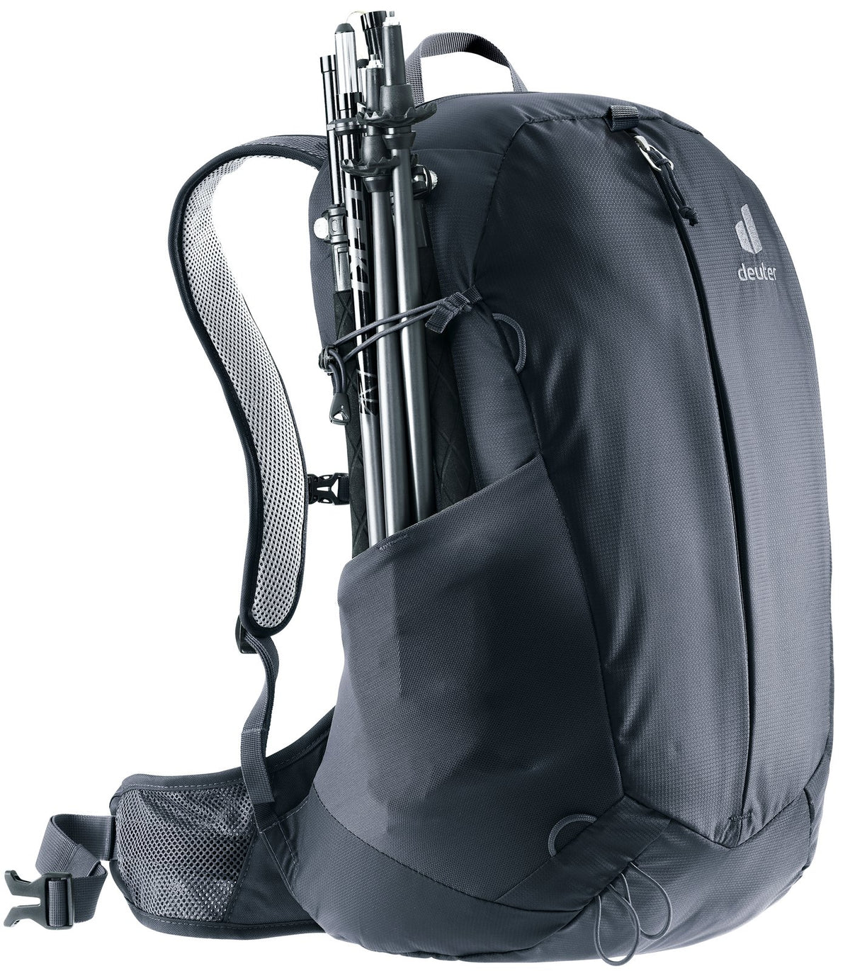 Deuter AC Lite 23 with folded trekking poles held in the side pocket under a bungee