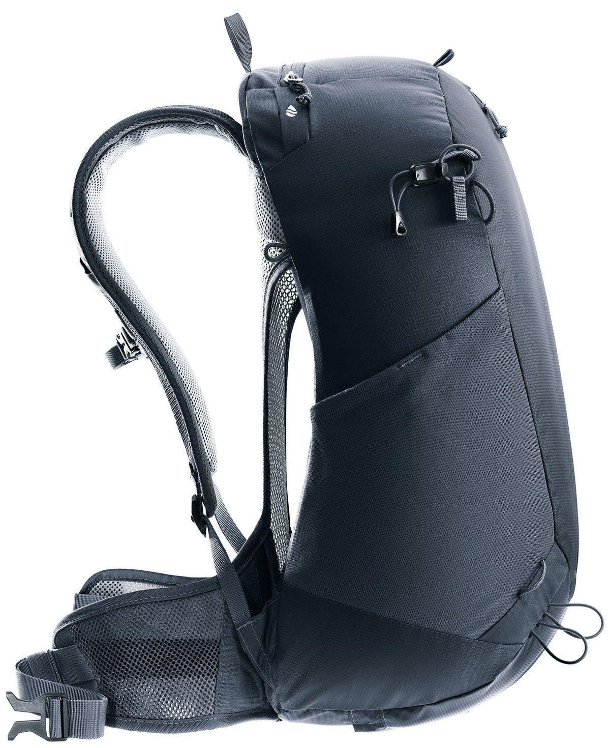 Side profile of the Deuter AC Lite 23 showing the curved frame and the air gap behind the mesh back
