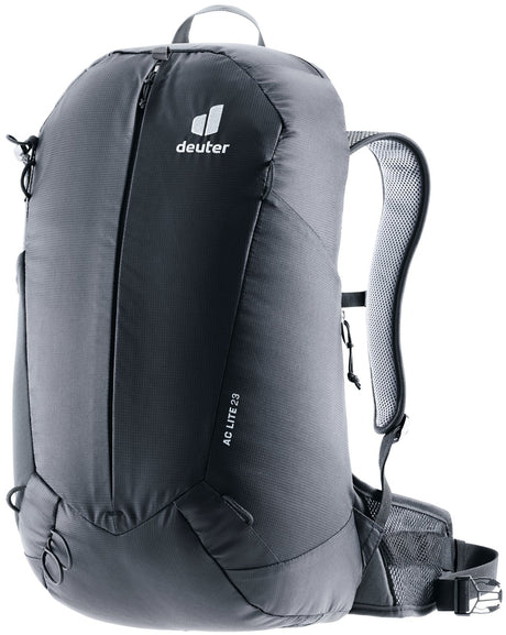 Deuter AC Lite 23 hiking daypack in Black, front three-quarter view showing the central front zip