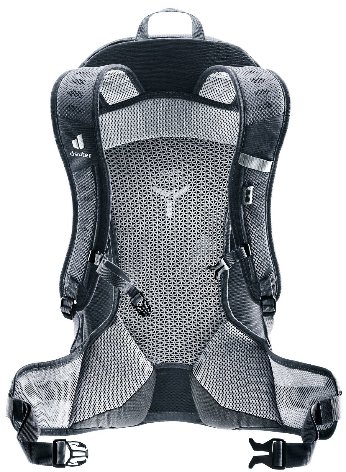 Back of the Deuter AC Lite 23 showing the Aircomfort mesh panel, shoulder straps and hip fins