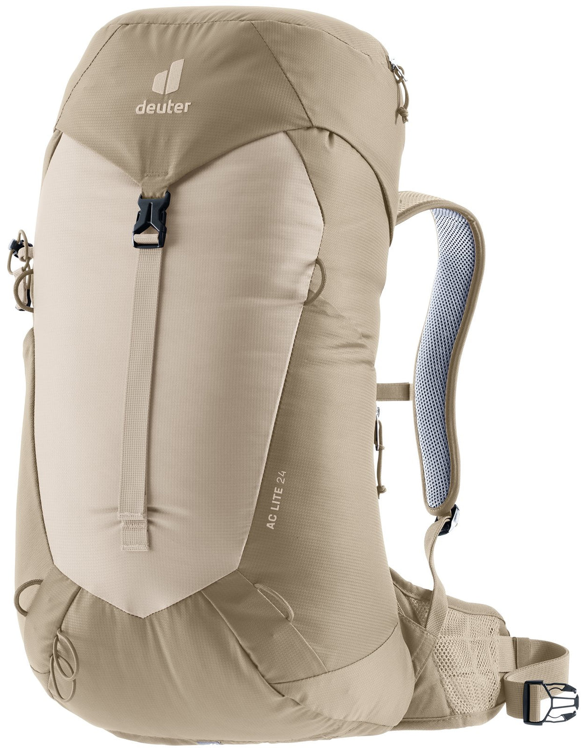 Deuter AC Lite 24 in Alu Greystone, sand-coloured hiking daypack, front three-quarter view
