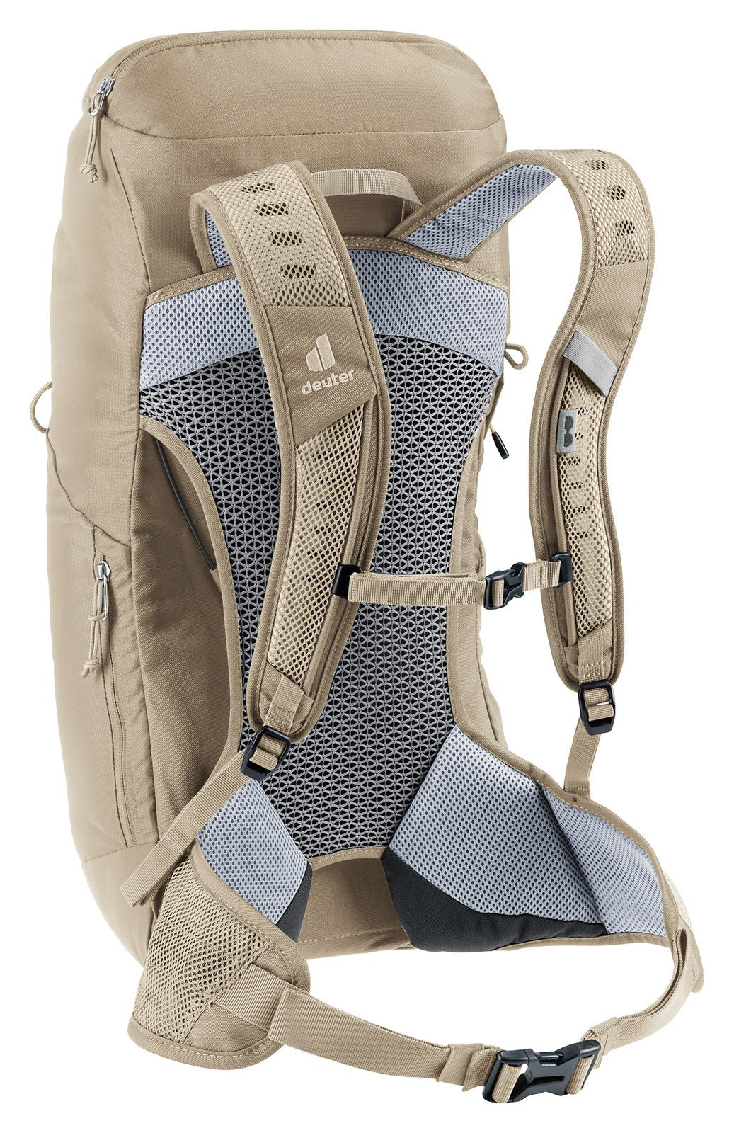 Deuter AC Lite 24 in Alu Greystone, rear three-quarter view of sternum strap and mesh