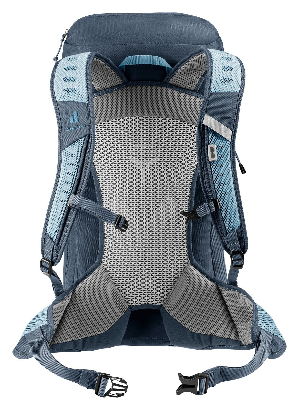 Deuter AC Lite 24 in Atlantic Ink from behind, ventilated mesh back and hip fin buckles